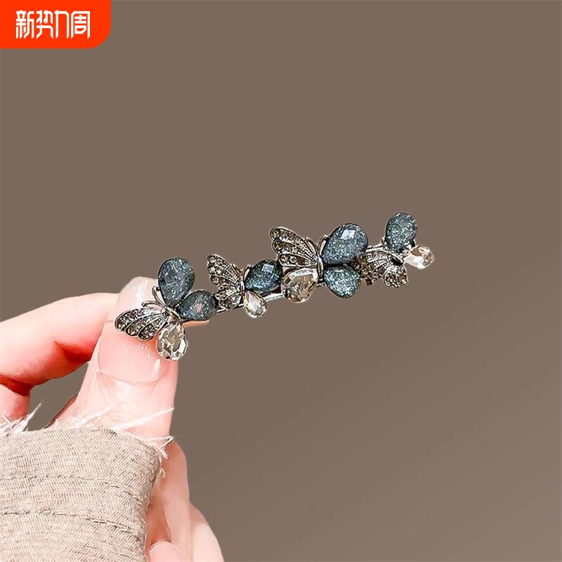 高级感时尚琉璃水钻蝴蝶发夹女新款侧边刘海夹子简约碎发鸭嘴夹子