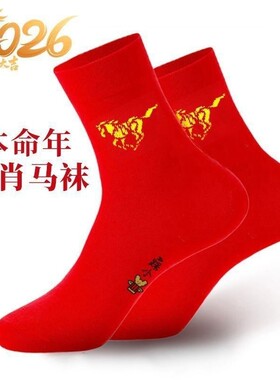 本命年大红袜子马年红袜福字袜结婚男女情侣袜子中筒秋冬款老年人