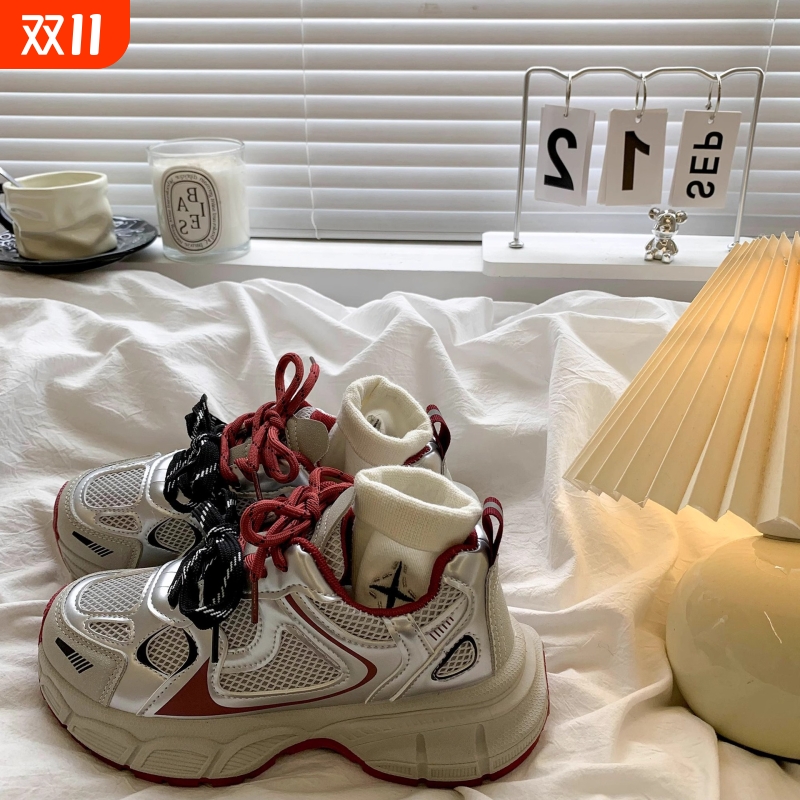 品牌断码复古安可拉红老爹鞋女2025秋季新款爆款百搭显脚小厚底休
