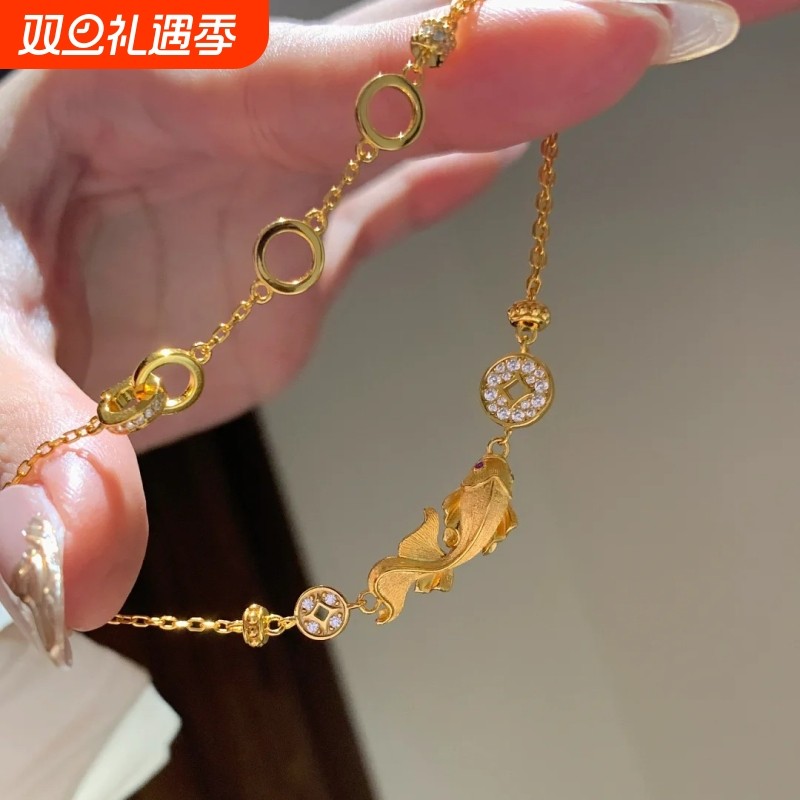 新中式金色八方来财铜钱锦鲤项链女款小众时尚设计手链两戴式饰品