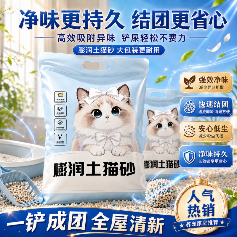 天然膨润土猫砂强力除臭低尘结团家用宠物用品不粘底豆腐物理吸附