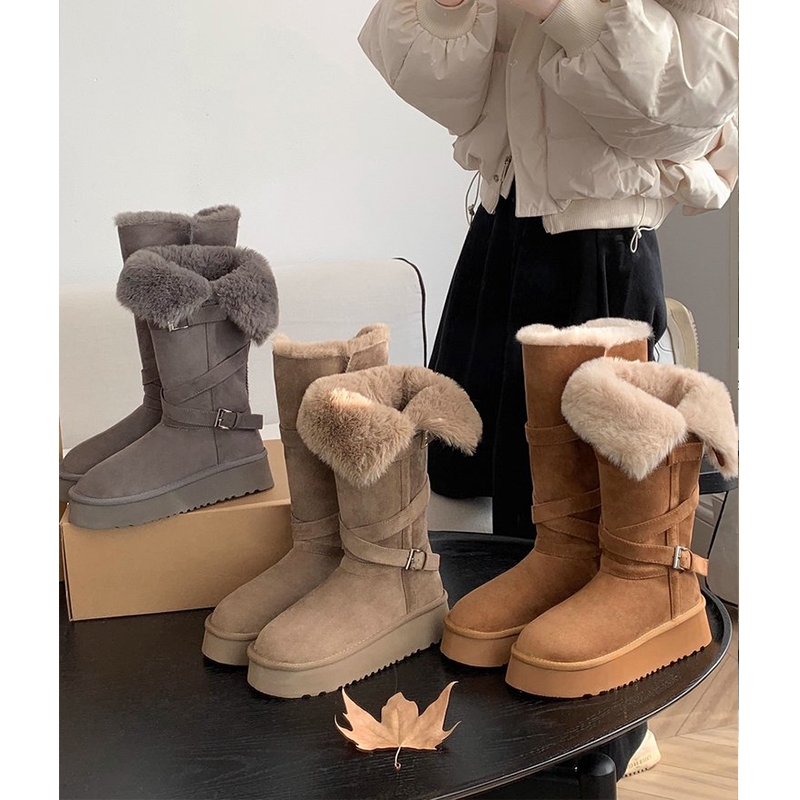 厚底雪地靴女2025新款冬季加绒灰色长筒毛毛靴两穿保暖棉鞋女靴子