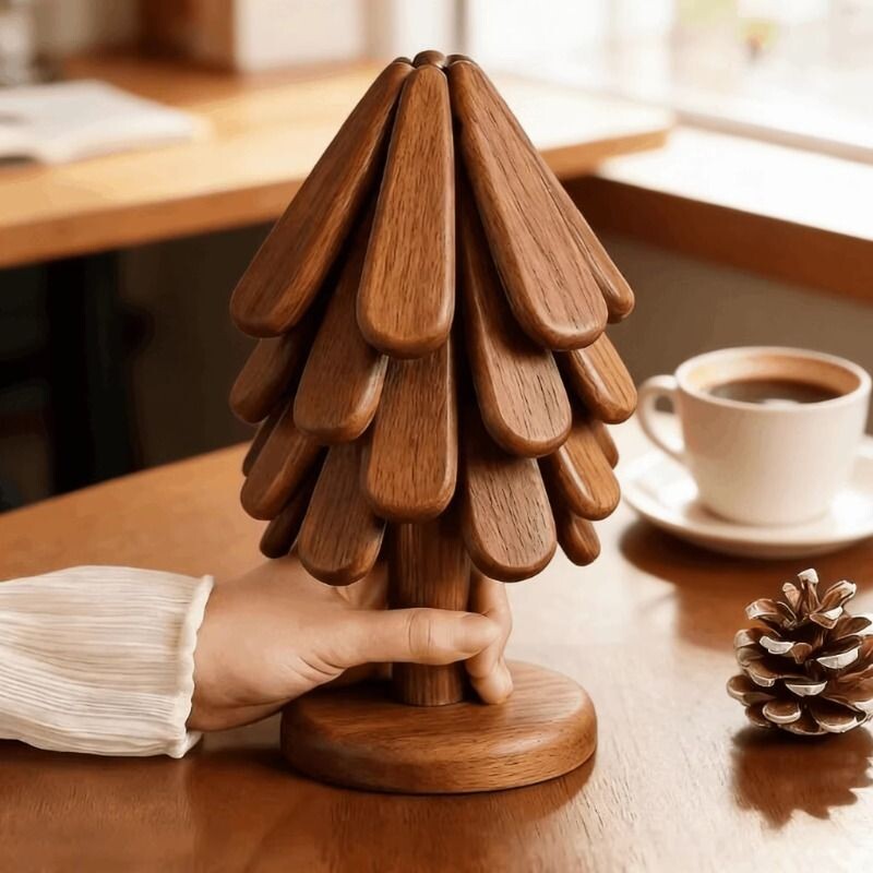 百年树龄实木隔热餐桌杯垫高级摆件创意圣诞树型餐垫防烫耐高温垫