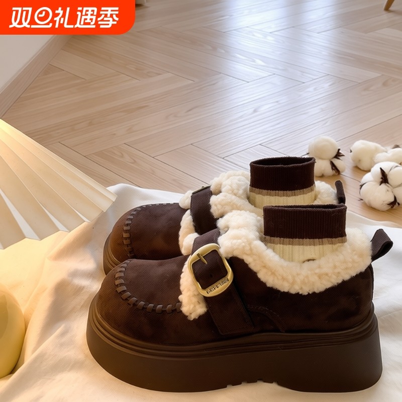厚底加绒棉鞋女2025秋冬保暖毛毛雪地靴小皮鞋灰色毛绒高筒圆头