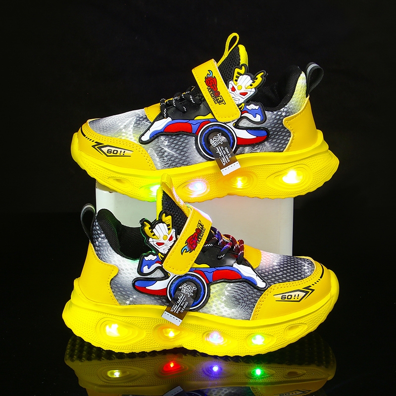 男童运动鞋亮灯2025新款塞罗秋季儿童鞋子网面透气软底防滑轻盈