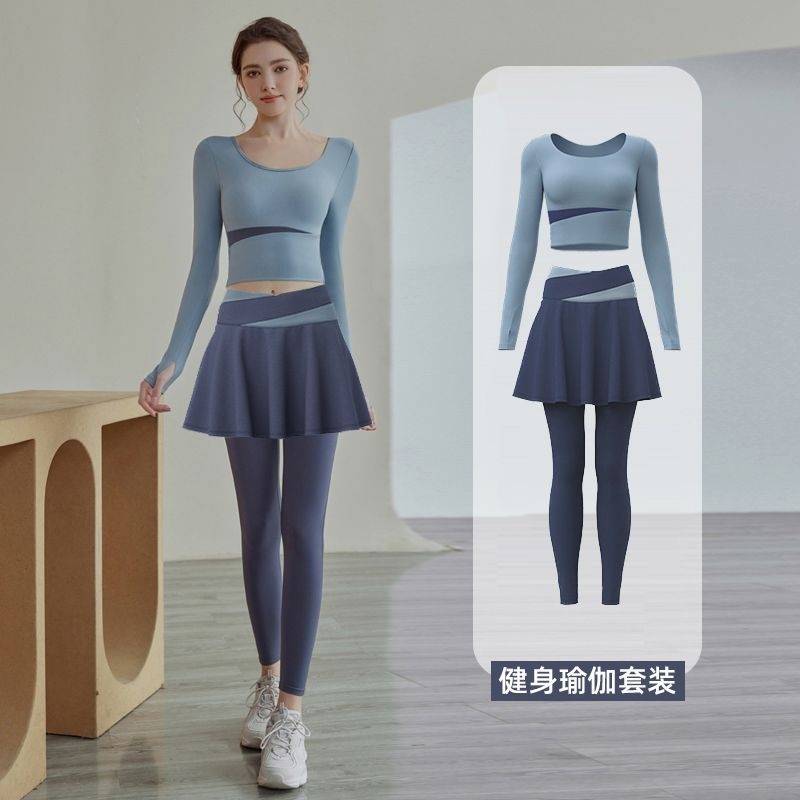 假两件健身服套装女拼色带胸垫衣服速干透气运动提臀裙裤大码瑜伽