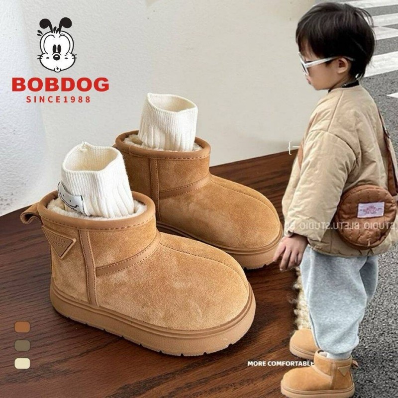 巴布豆女童雪地靴2025冬季新款加厚儿童雪地棉真皮保暖男童棉鞋潮