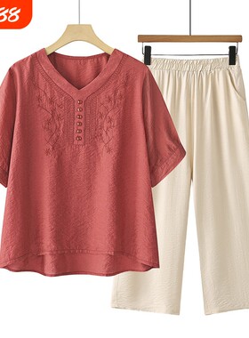 妈妈装夏季新款棉麻短袖小衫上衣