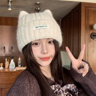 猫耳朵帽子女款秋冬季韩系大头围可爱保暖护耳显脸小针织毛线冷帽