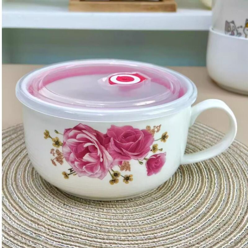 陶瓷保鲜碗泡面碗带盖带手柄微波炉饭盒学生水杯带把手早餐杯便携图片