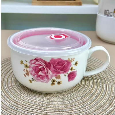 陶瓷保鲜碗泡面碗带盖带手柄微波炉饭盒学生水杯带把手早餐杯便携