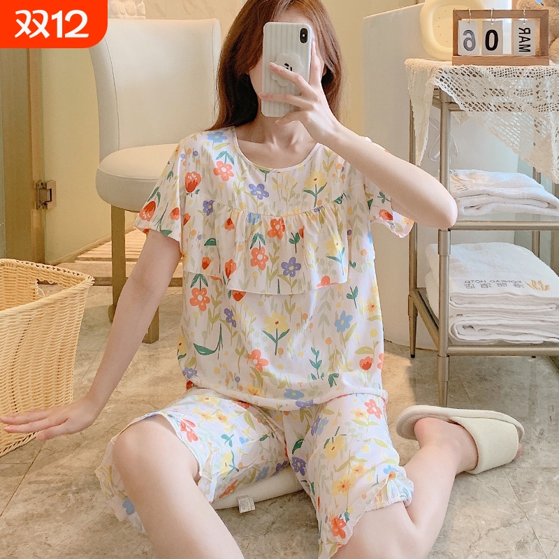 防凸点甜美睡衣女夏超薄棉绸夏天短袖中裤荷叶边套装家居服人造棉