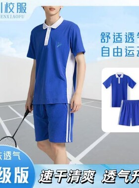 深圳市初中生夏季校服套装男女网眼速干短袖透气蓝色短裤长裤薄款