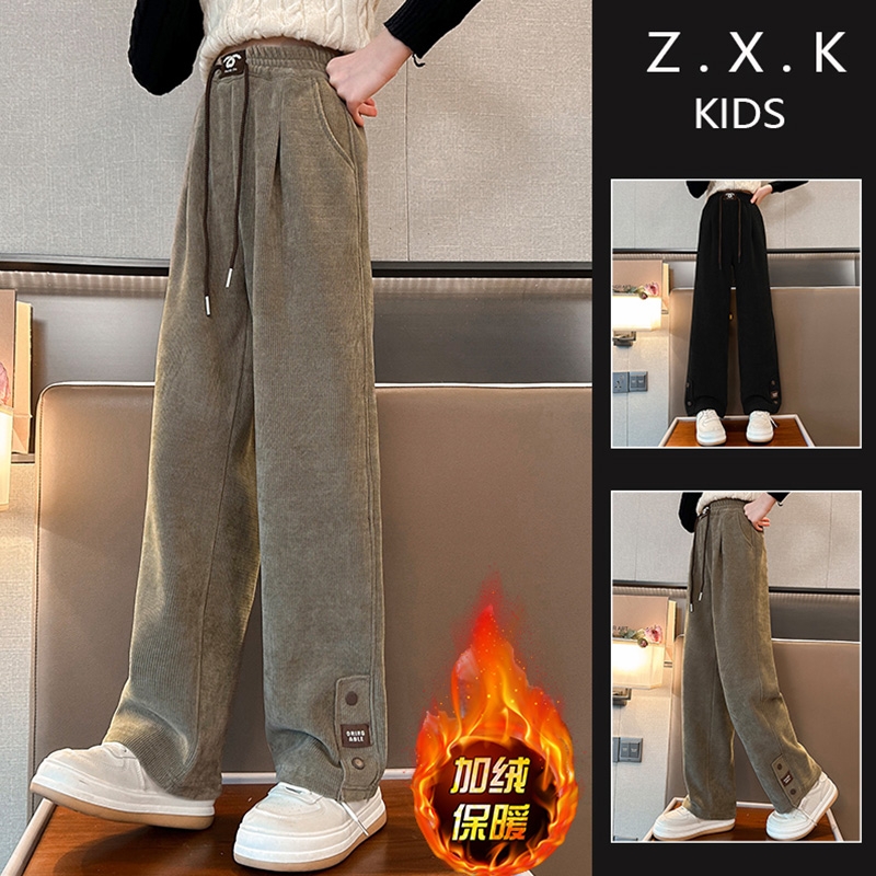 女童秋冬加绒裤子2025新款一体绒儿童阔腿裤中大童冬季休闲直筒裤