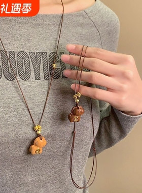 实木可爱小马项链中国风长款毛衣链复古风大衣配饰马上有钱项链女