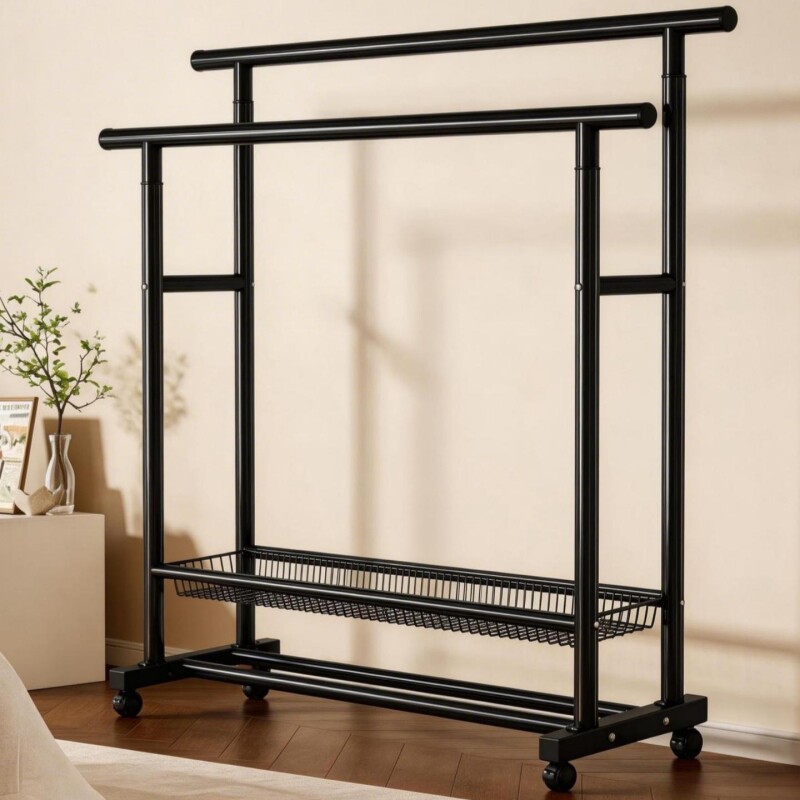 简易晾衣架落地家用阳台挂衣架可移动晾晒衣杆宿舍衣帽架子双杆