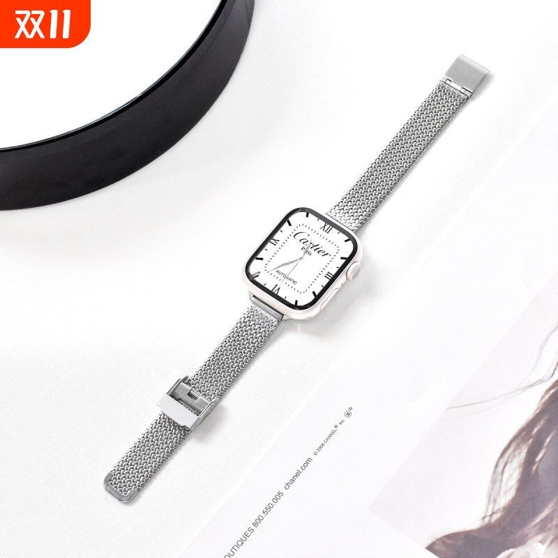 适用AppleWatch麦穗磁吸卡扣表带S10苹果手表不锈钢表带iwatchS9新款金属s8/7高级感小众小蛮腰细款SE代女夏