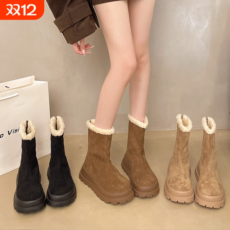 他她女孩2025冬季新款松糕厚底防滑加绒加厚雪地靴女短筒经典棉鞋