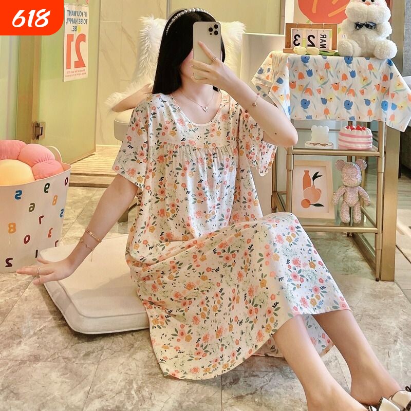 新款薄款棉绸睡裙睡衣夏天2024年春秋季裙子绵绸加大码短袖人造棉