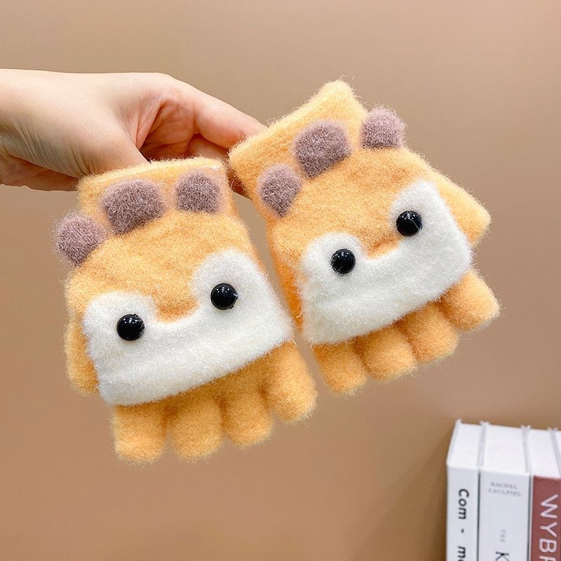 儿童半指保暖手套男女秋冬季学生写字加厚可爱婴幼儿翻盖针织手指