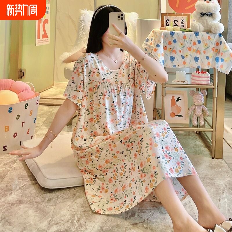 新款薄款棉绸睡衣睡裙夏天2024年春秋季裙子绵绸加大码短袖人造棉