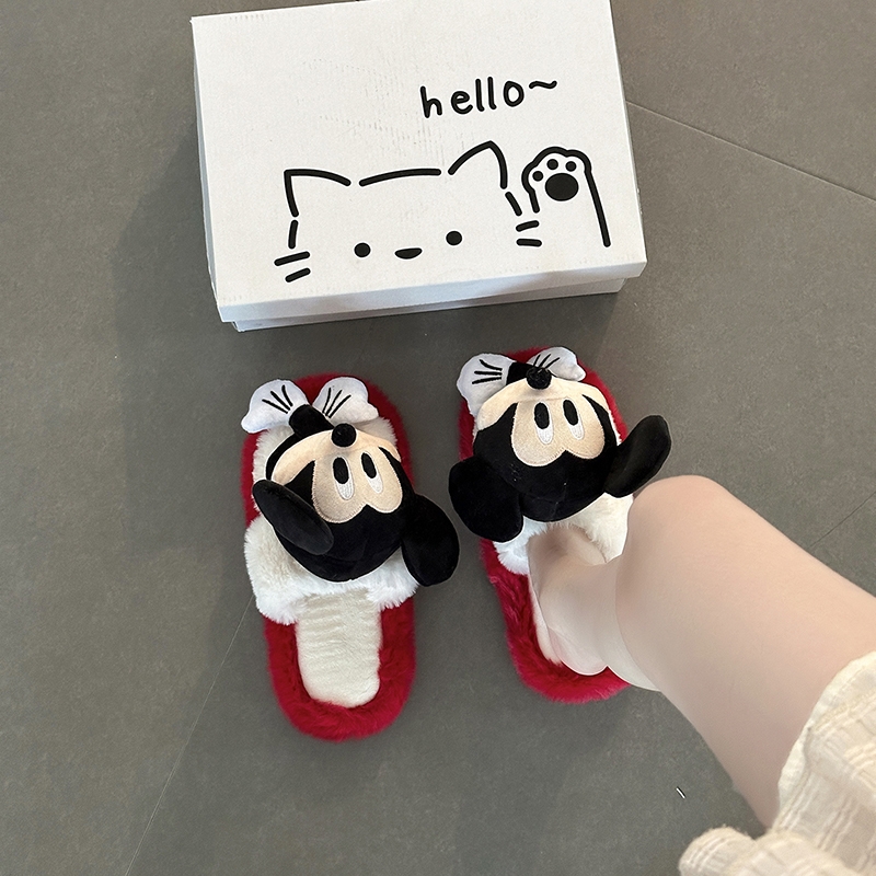 可爱卡通米奇毛毛拖鞋女2025秋冬新款居家居家休闲棉拖鞋毛绒红色