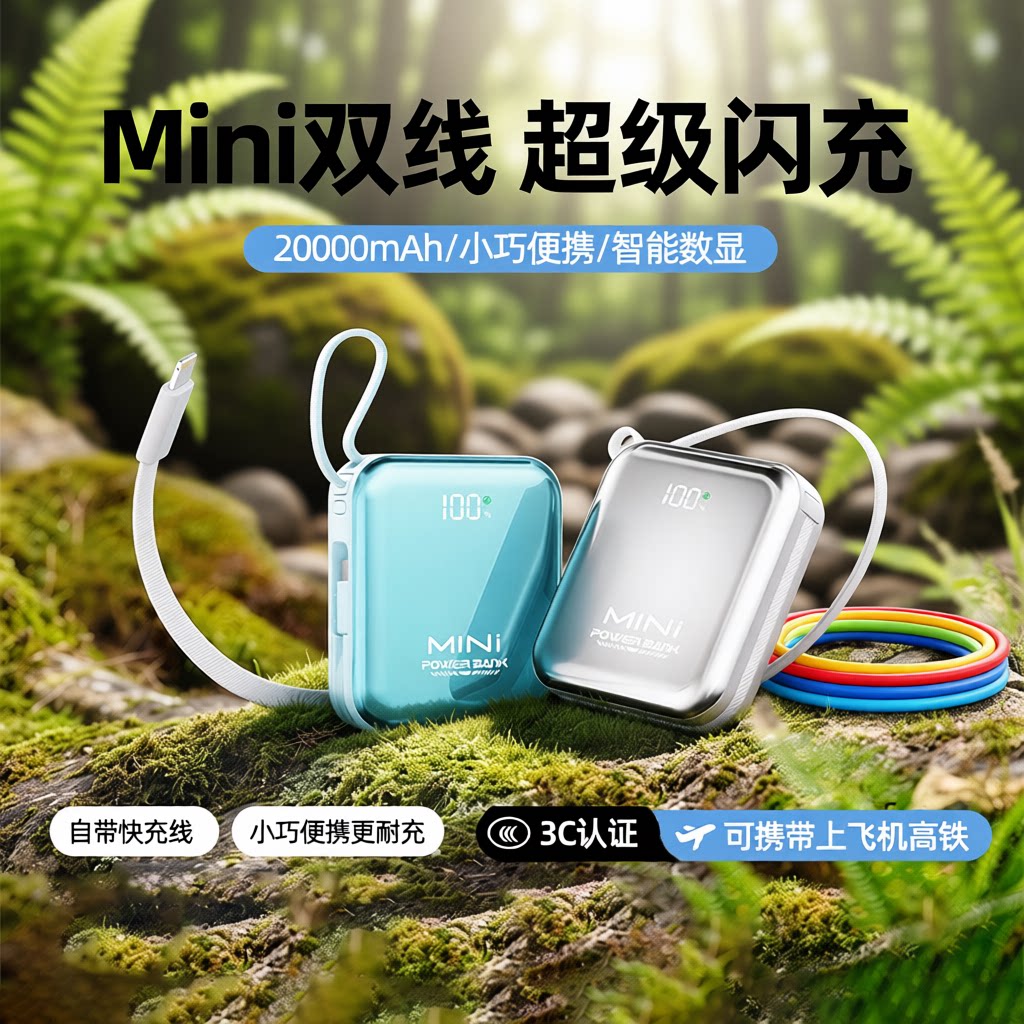 3C认证可上飞机2026新款充电宝20000毫安自带线官方旗舰店正品超级快充大容量超薄小巧便携移动电源高铁双线