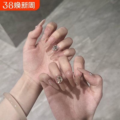 新款纯欲满钻裸色高级美甲穿戴甲贴片爆闪钻纯欲风纯手工椭圆正常