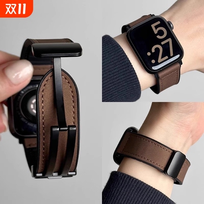 新款疯马皮硅胶磁吸iwatch表带适用苹果手表applewatch运动9透气8真皮皮质ultra秋冬男款小众s10女款s11潮