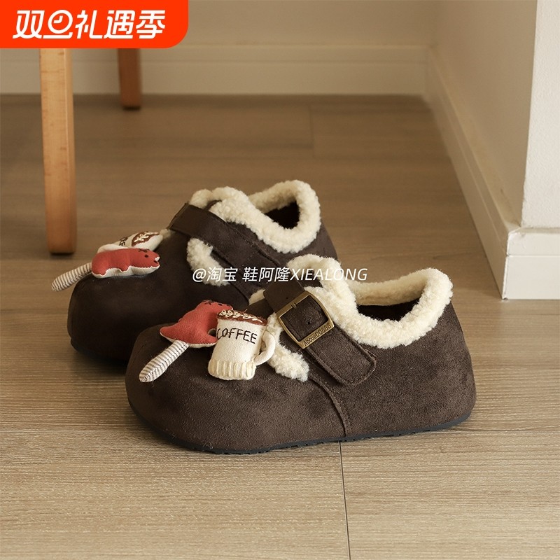 复古全包勃肯鞋女2025冬季新款加绒保暖一脚蹬内增高棉鞋毛绒白色