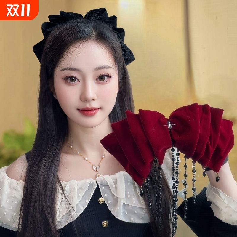 秋冬丝绒蝴蝶结流苏发夹女高端水晶弹簧夹新娘订婚敬酒服抓夹头饰