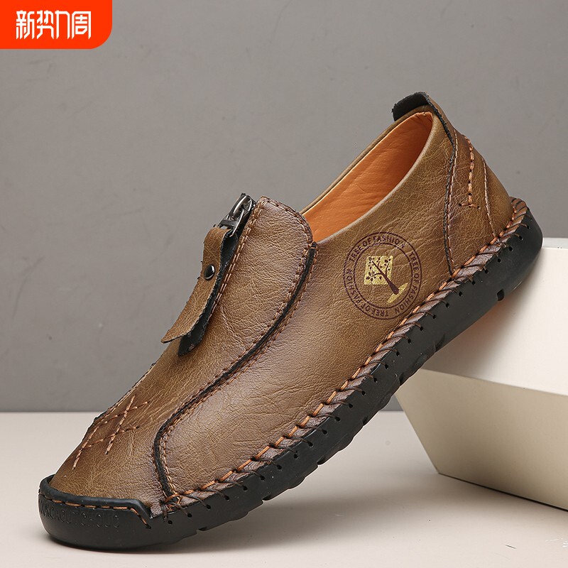 休闲皮鞋男真皮时尚一脚蹬懒人鞋软底软面青年豆豆鞋透气春季男鞋