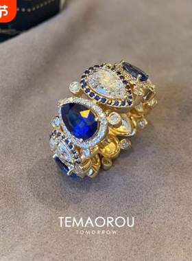 Vintager中古蓝锆石水滴闪钻戒指女重工小众设计食指戒复古指环