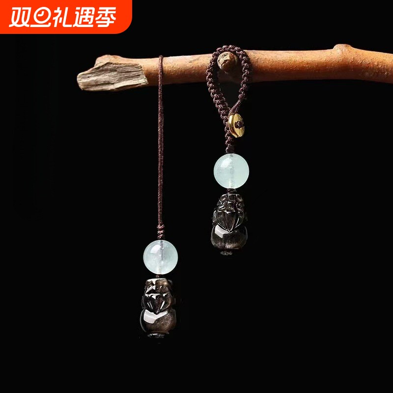 天然银曜石蓝色圆珠大肚貔貅钥匙扣手机链情侣手机车挂件男女同款