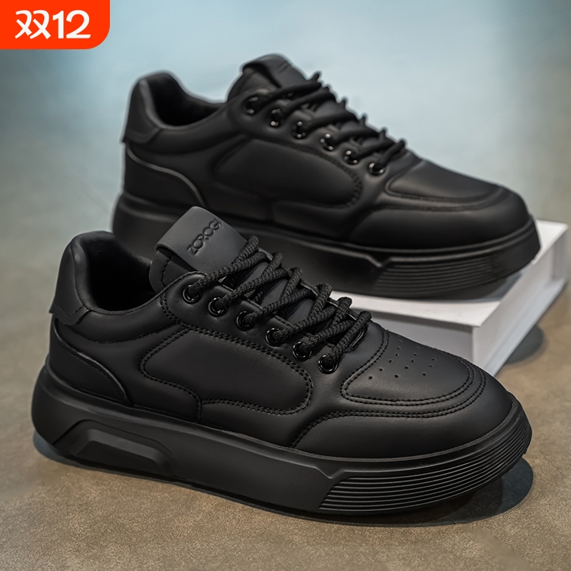 啄木鸟男鞋秋季厨房工作防水防滑黑色板鞋男士休闲皮鞋运动厚底劳