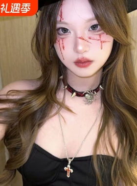 万圣节复古豹纹锁骨项链哥特蕾丝choker气质黑色颈链吊坠礼服配饰