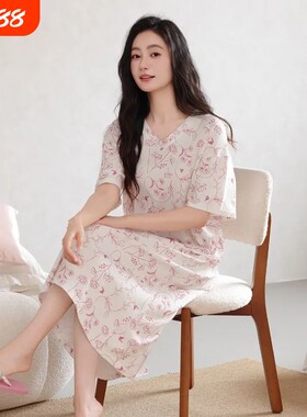 纯棉夏季睡裙女款短袖中款连衣裙