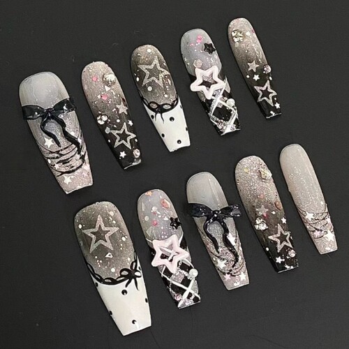 手工穿戴甲蕾丝学生辣妹法式暗黑星星美甲蝴蝶结显白黑皮新年爆闪