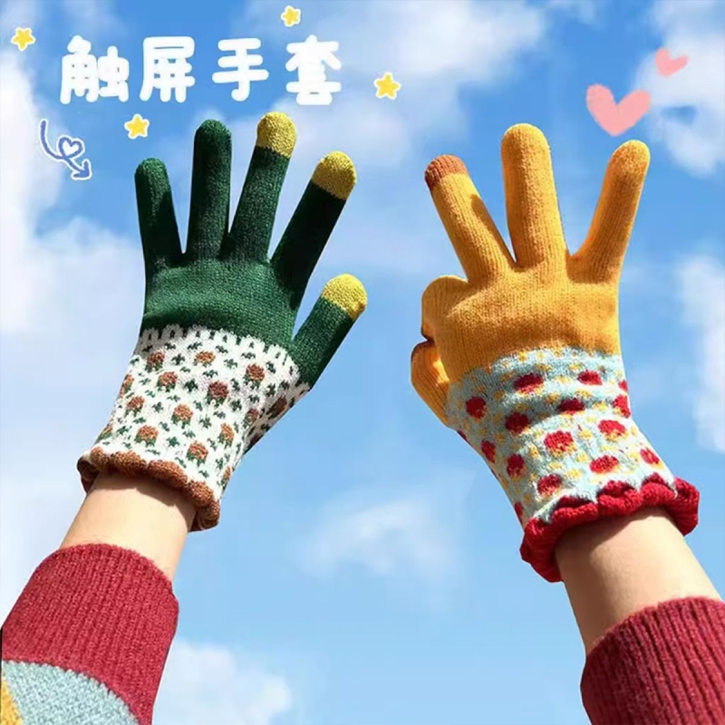 手套冬天女ins可爱加绒保暖防寒触屏软针织学生五指毛线保暖手套