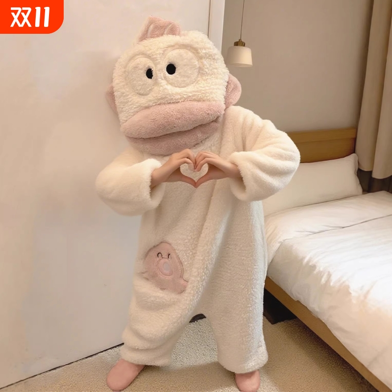 丑鱼连体睡衣女秋冬季加厚珊瑚绒