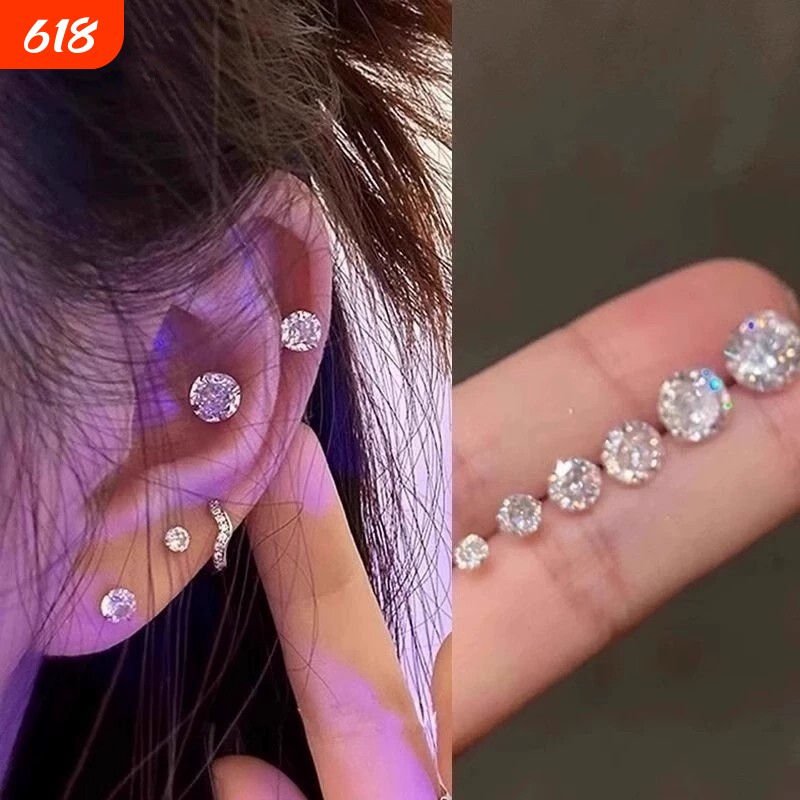 S925银粉色锆石耳钉女小巧精致耳环防堵养耳洞睡觉免摘耳饰耳骨钉