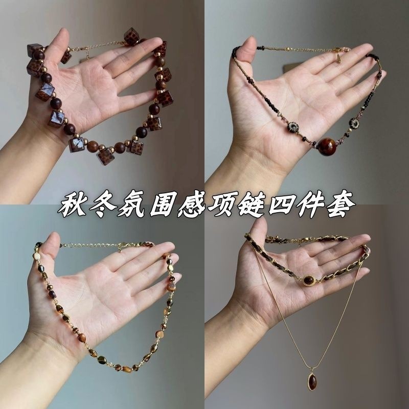 好特别!方块波点琥珀豹纹项链女夸张小众设计创意锁骨链早秋新款