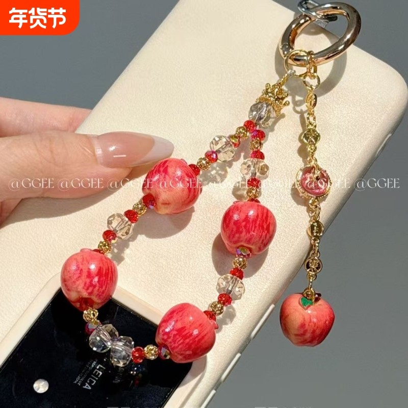 【平安喜乐】秋冬仿真红苹果闪钻手机链超仙甜美手机挂件DIY饰品