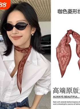 复古三角巾丝巾2025新款方巾腰巾搭配系脖配饰红色棕色粉色棉麻