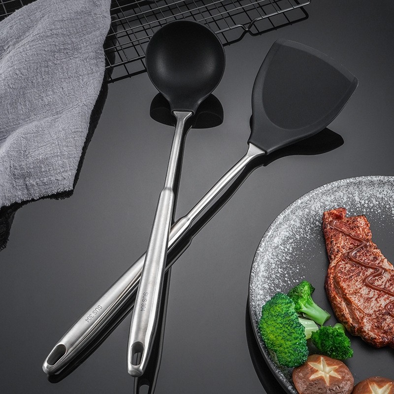 现货不锈钢柄硅胶厨具套装不粘锅硅胶铲漏勺汤勺厨具厨具两件套