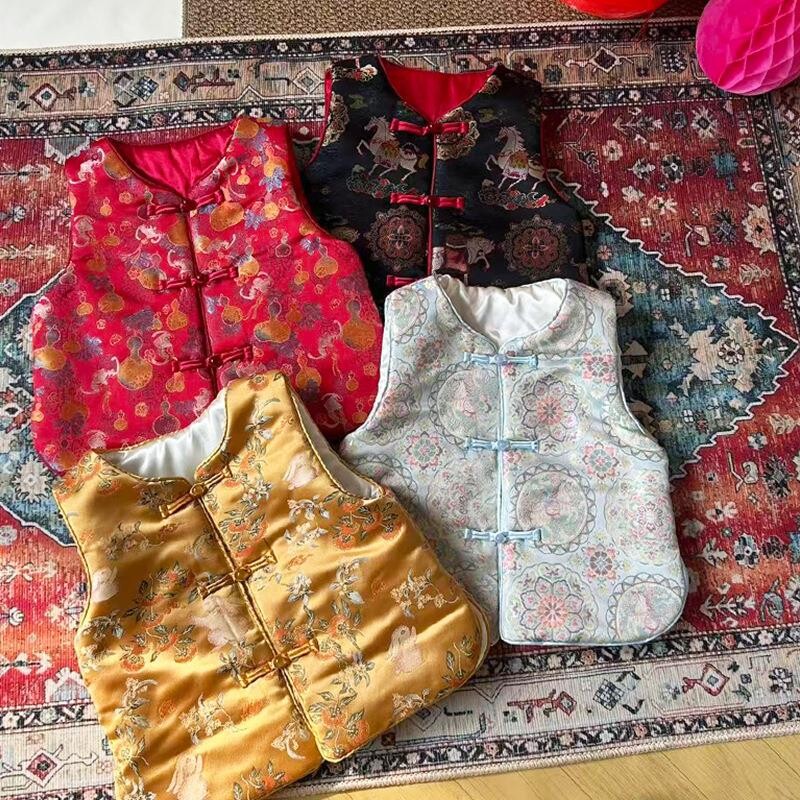 男童汉服套装冬季儿童复古唐装金丝提花夹棉马甲拜年服保暖外套