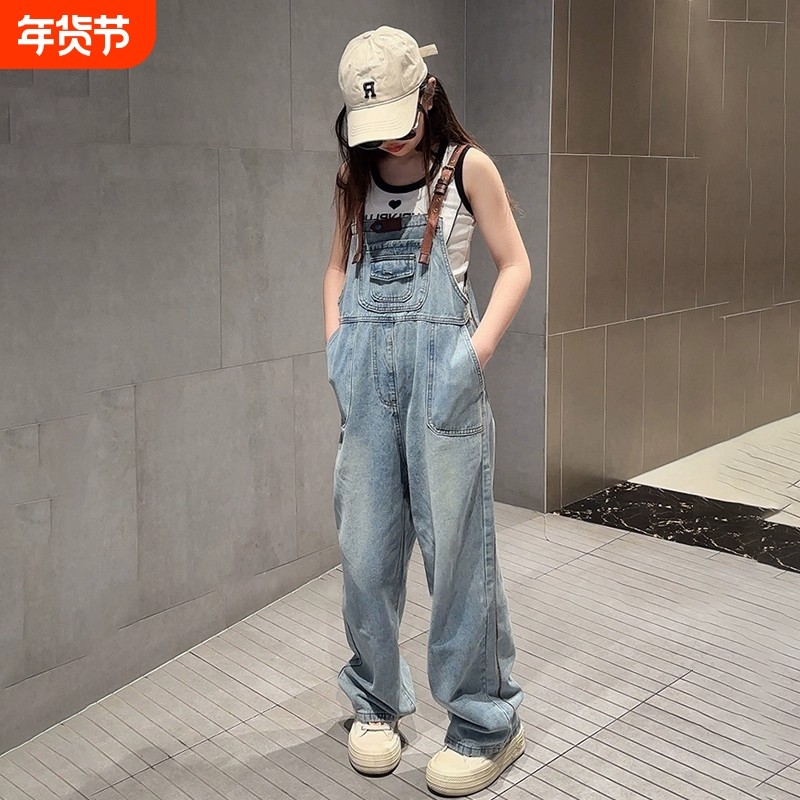 春秋季洋气女童背带裤韩版宽松儿童新款吊带裤子中大童时髦牛仔裤