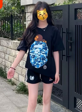 ape短袖t恤夏季男女学生潮牌纯棉猿人迷彩SHARK BAPE中大童亲子装