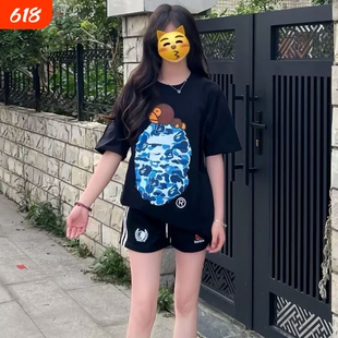 ape短袖t恤夏季男女学生潮牌纯棉猿人迷彩SHARK BAPE中大童亲子装