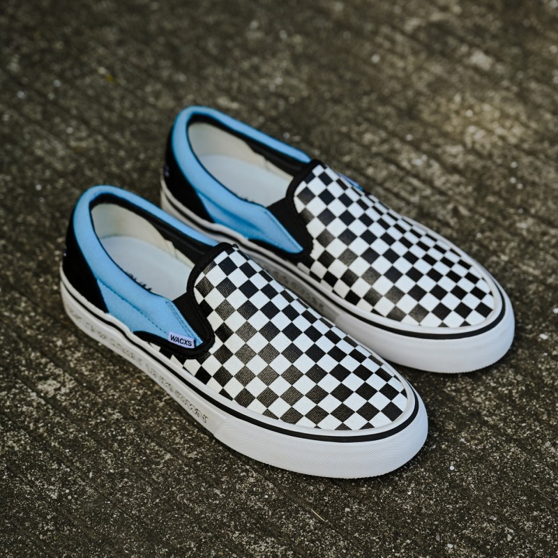夏季棋盘格印花帆布鞋美式蓝黑轻便一脚蹬男女复古休闲板鞋格子